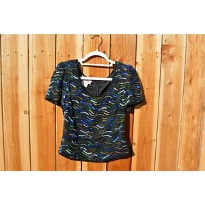 Vintage 1980s 1990s Laurence Kazar Multicolor Sequin Squiggle Short Sleeve Top